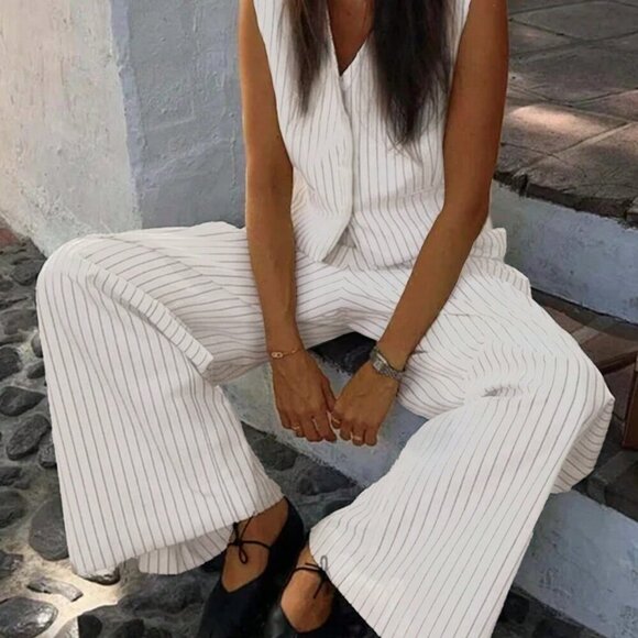 White Casual Women's Sleeveless Top And Long Pants Two-Piece Set - Picture 6 of 7